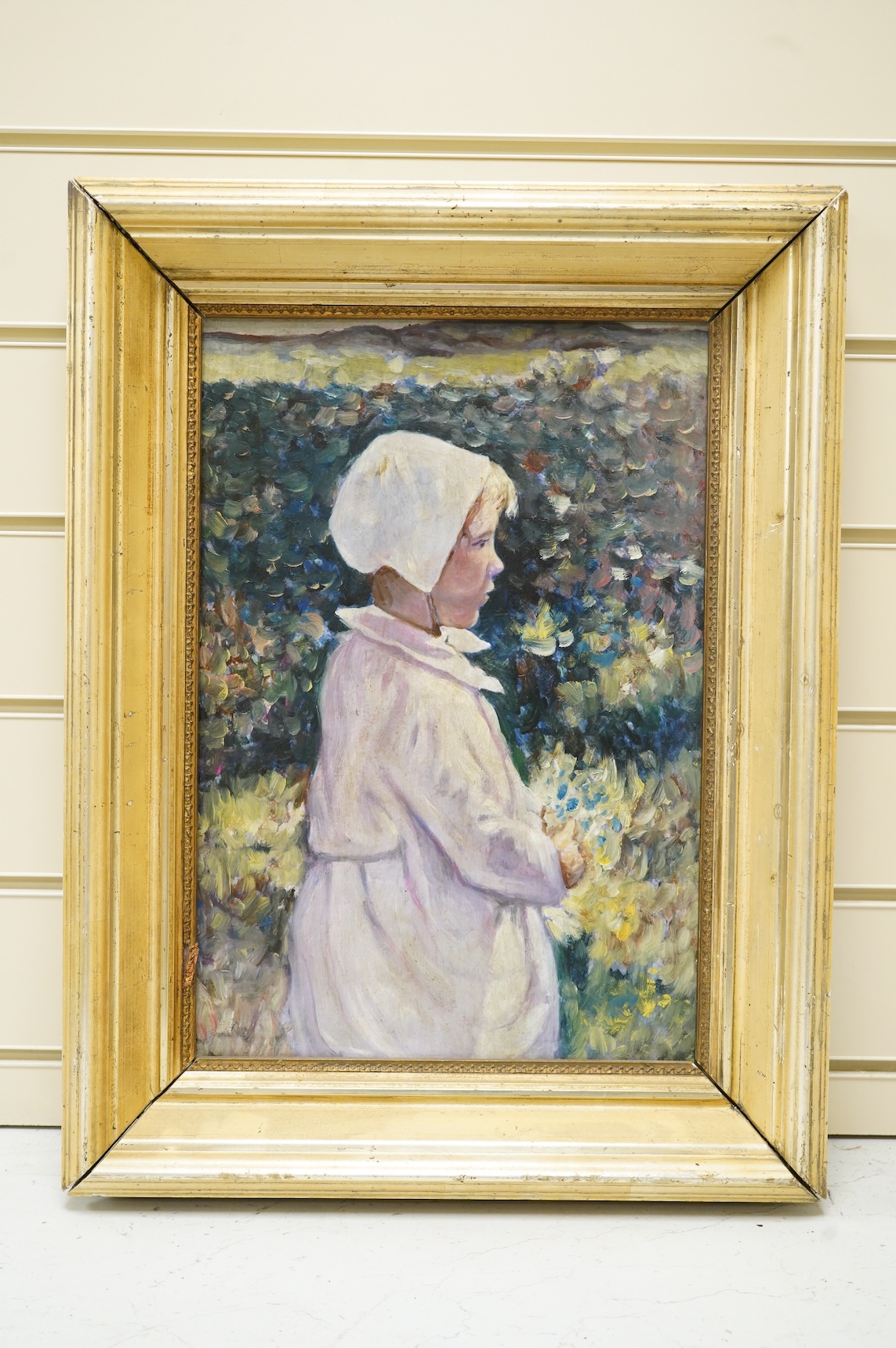 Impressionist style, Portrait of a young girl surrounded with flowers, oleograph on board, 39 x 27cm